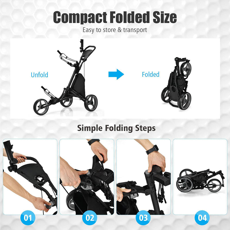 SPOTRAVEL 3 Wheel Golf Push Pull Cart, Folding Golf Trolley with in Foil Coated Storage Bag, Elastic Strap, Adjustable Umbrella & Cup Holder, Portable Golf Bag Holders (Gray) - Golf Gift