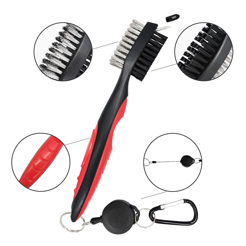 Mebamce Lightweight Portable Golf Club Brush and Groove Cleaner Dual Sided Nylon and Steel Brush with Cleaning Spikes, Retractable Cord and Carabiner - Golf Gift