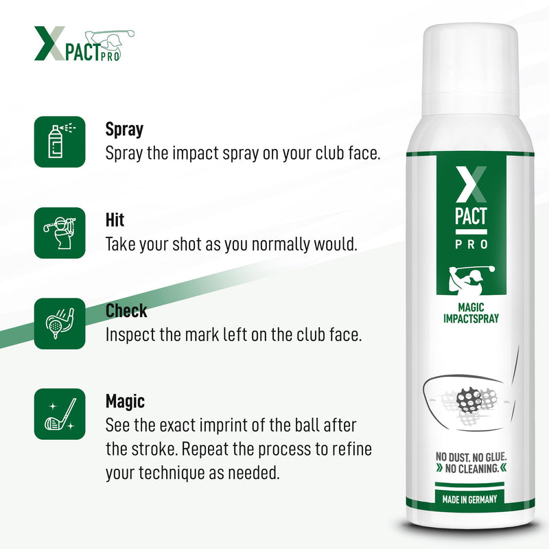 Xpact Pro Golf Impact Spray - Self-Evaporating Golf Club Spray for Direct Feedback on Impact Points - Improved Ball Flight, & Sweet Spot Accuracy - Up to 800 Tee Shots, Golf Gift for Golfers, 150ml - Golf Gift