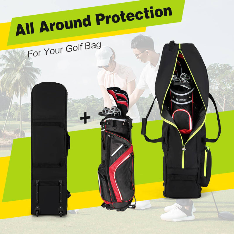 COSTWAY Wheeled Golf Travel Bag, Soft-Sided Travel Cover with 3 Handles, Extra Storage Pocket, Zipper and Key, Foldable Golf Club Stand Bags - Golf Gift