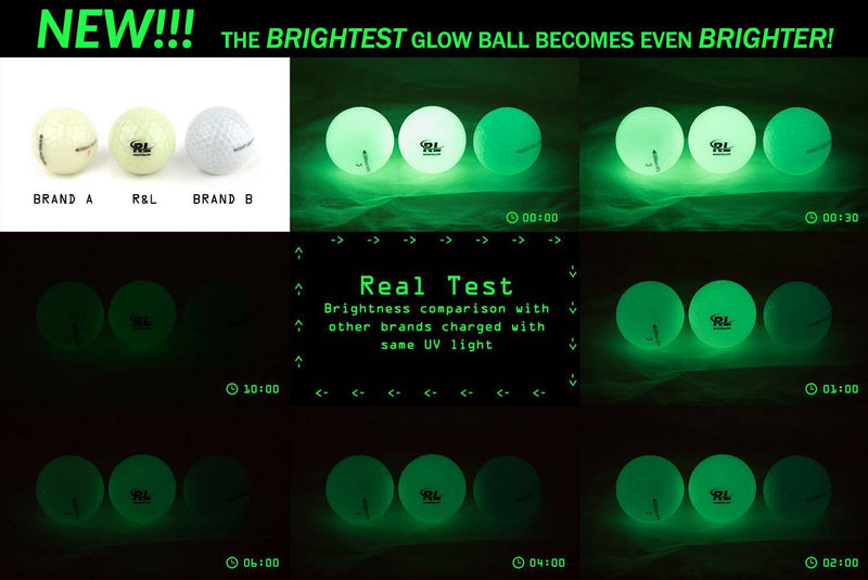 R&L Glow Golf Balls for Night Sports - Tournament Fluorescent Glowing in The Dark Golf Ball - Long Lasting Bright Luminous Balls Rechargeable with UV Flashlight - Included (6 Pack) - Golf Gift