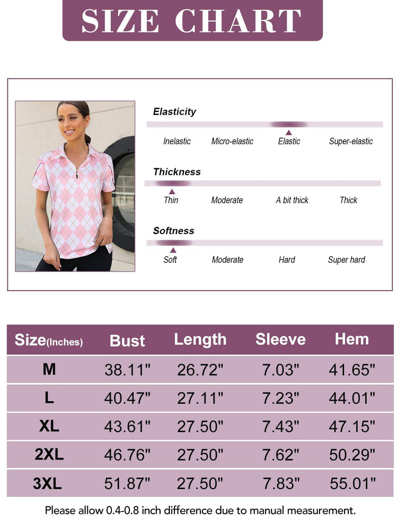 Flikity Polo Shirts for Women UK Ladies Golf Tops 1/4 Zip Up Womens Golf Shirt Short Sleeve Zip Up Stretchy Golf Tops Casual Argyle Print Summer Sports Tops Pink Argyle-XL - Golf Gift