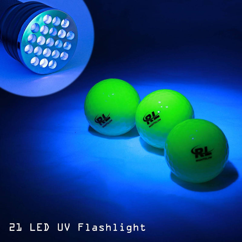 R&L Glow Golf Balls for Night Sports - Tournament Fluorescent Glowing in The Dark Golf Ball - Long Lasting Bright Luminous Balls Rechargeable with UV Flashlight - Included (6 Pack) - Golf Gift