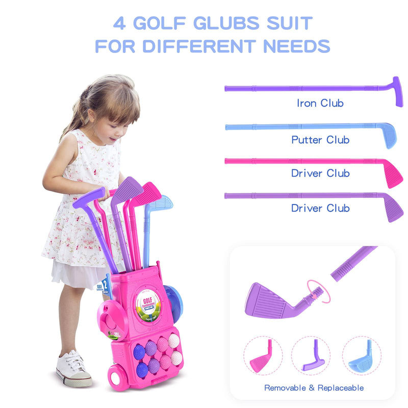 QDRAGON Kids Golf Clubs, Toddler Golf Set With 8 Balls, Putting Mat, 4 Golf Sticks, 2 Practice Holes And Golf Cart With Wheels, Indoor Outdoor Sport Toys Gift For Girls Ages 2 3 4 5+, Pink - Golf Gift