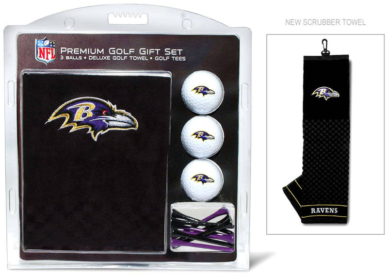 TEAM GOLF NFL Baltimore Ravens Gift Set: Embroidered Golf Towel, 3 Golf Balls, and 14 Golf Tees 2-3/4" Regulation, Tri-Fold Towel 16" x 22" & 100% Cotton - Golf Gift