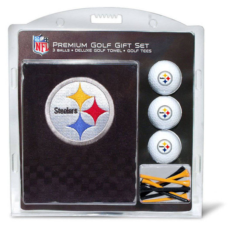 TEAM GOLF NFL Pittsburgh Steelers Gift Set: Embroidered Golf Towel, 3 Golf Balls, and 14 Golf Tees 2-3/4" Regulation, Tri-Fold Towel 16" x 22" & 100% Cotton - Golf Gift