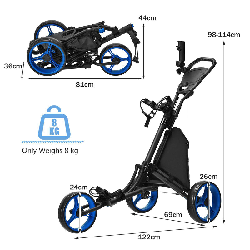 COSTWAY 3 Wheel Golf Push Pull Cart, Lightweight Foldable Golf Trolley with Adjustable Height Handle, Umbrella Stand, Insulation Storage Bag, Cup Holder and Foot Brake (Blue) - Golf Gift