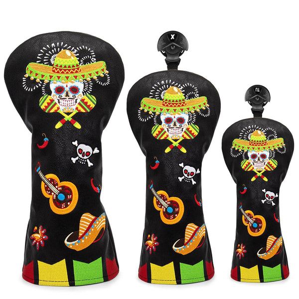 Golf Wood Head Covers Driver Cover 3 Wood Headcover Hybrid Head Covers Embroidery Sugar Skull Design Golf Club Headcovers Leather Hand-Made Wood Head Cover (3pcs(DR+FW+UT)) - Golf Gift