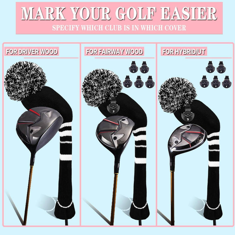 3 or 4 Pack Pom Golf Head Covers for Woods 1 3 5 Driver Fairway Hybrids Golf Wood Head Cover Set with Number Tag Knitted Golf Head Covers (Black 135) - Golf Gift