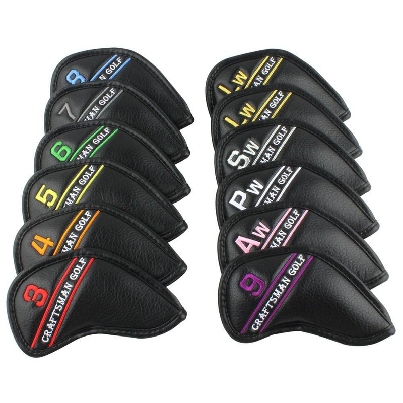 12pcs Black Synthetic Leather Golf Iron Head Covers Set Headcover with Colorful Number Embroideried,easily get the needed iron For Callaway, Ping, Taylormade, Cobra - Golf Gift