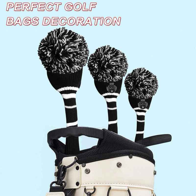 3 or 4 Pack Pom Golf Head Covers for Woods 1 3 5 Driver Fairway Hybrids Golf Wood Head Cover Set with Number Tag Knitted Golf Head Covers (Black 135) - Golf Gift