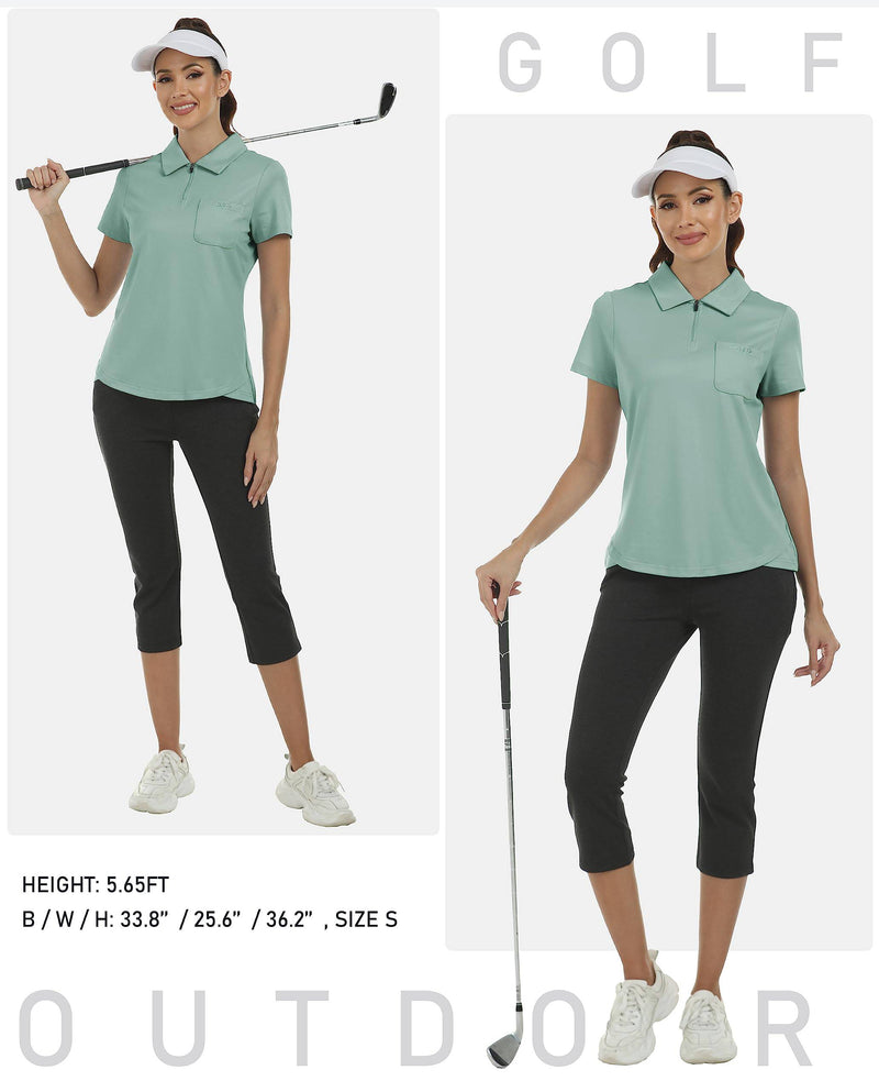 MoFiz Women's Golf Tennis Polo Shirts Cotton Breathable Casual Sports Work-wear Polo T-Shirt with 1/4 Zipper Green Size L - Golf Gift