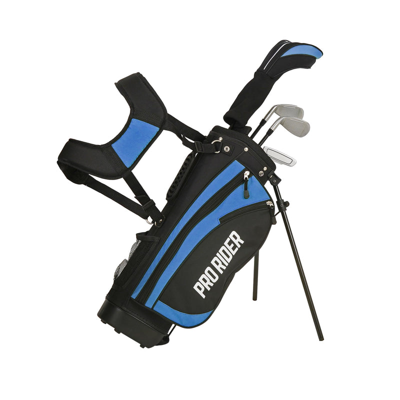 Pro Rider JR1 Junior Stand Bag Golf Package Set | Kids Golf Starter Set with 4 Clubs | Oversize Driver, Irons, Putter, Bag & Headcovers | Lightweight Graphite Shafts & Soft Grips (Blue, Ages 5-8) - Golf Gift