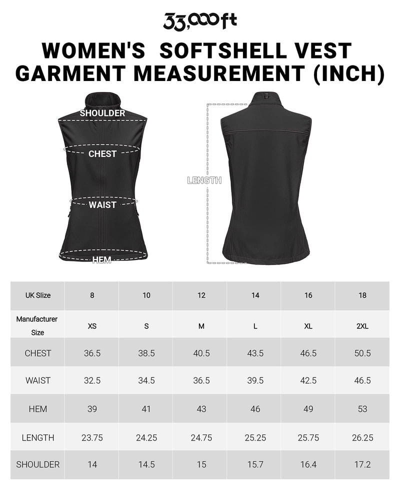 33,000ft Women's Softshell Full Zip Gilet Fleece Lined Windproof Vest Outerwear Lightweight Sleeveless Jacket for Running Hiking Golf Black XL/UK 16 - Golf Gift