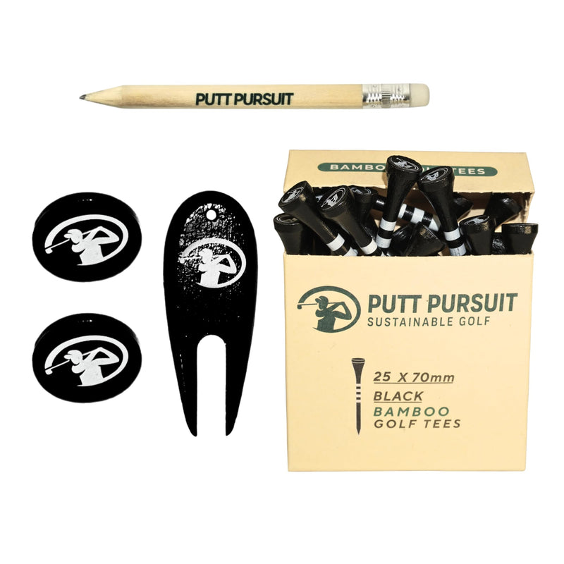 Putt Pursuit Golf Essentials Gift Set - Include Bamboo 25 Pack 70mm Golf Tees, 2 Divot Tools, 2 Ball Markers & 1 Classic Wooden Pencil - Sustainable Golf Set for Golf Enthusiasts Players & Golf Lovers