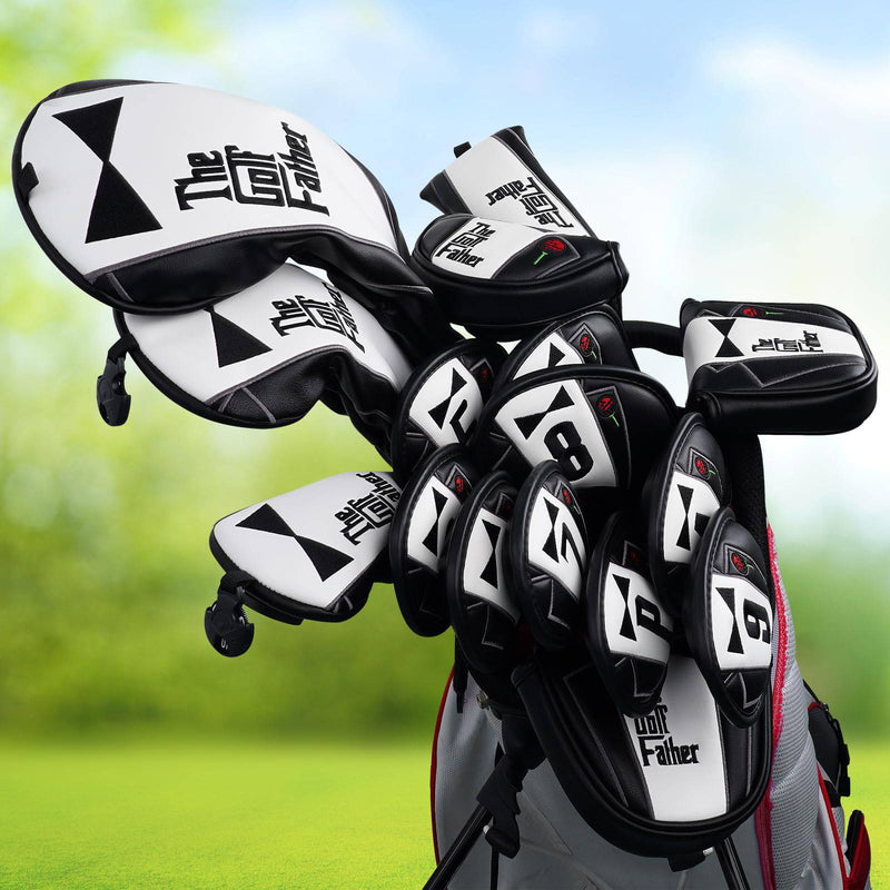 Golf Club Head covers Hybrid Utility Rescue with Interchangeable Number Tag 23456 UT Elastic Closure Black PU Leather The Golf Father Gift - Golf Gift