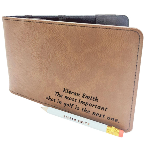 Personalised Golf Scorecard Holder with Matching Pencil | Brown Leather | Suitable for All Golfers | Birthday Present | Christmas Gift - Golf Gift