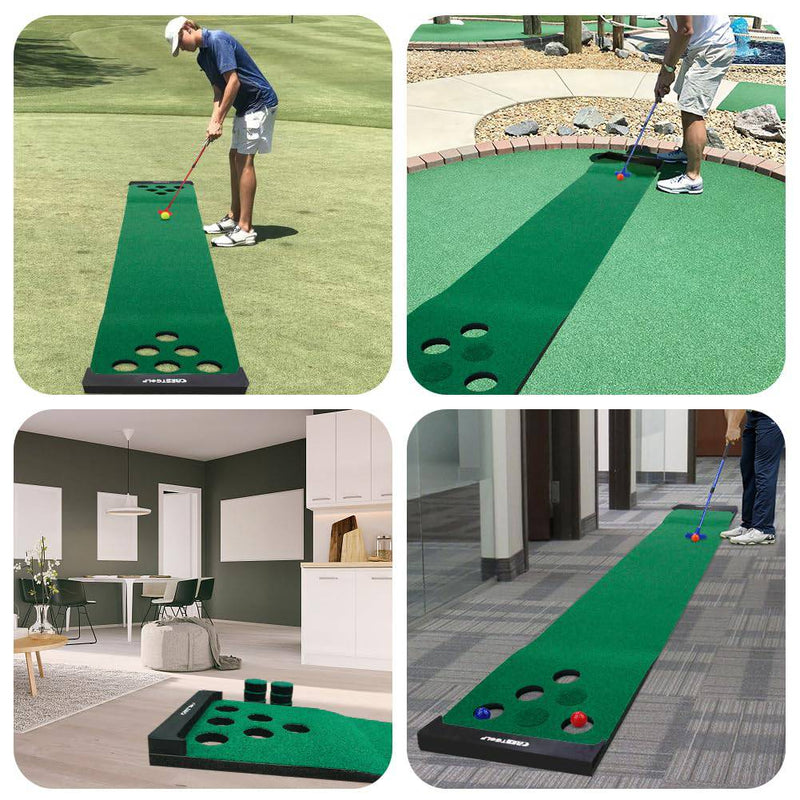 KOFULL Putting Mat Indoor Golf Putting Mat Putting Green Mat Indoor Outdoor (Free 2 golf putters+ 6 golf balls) Pong Mat Golf Practice MatGreen Mat,327 * 50CM - Golf Gift