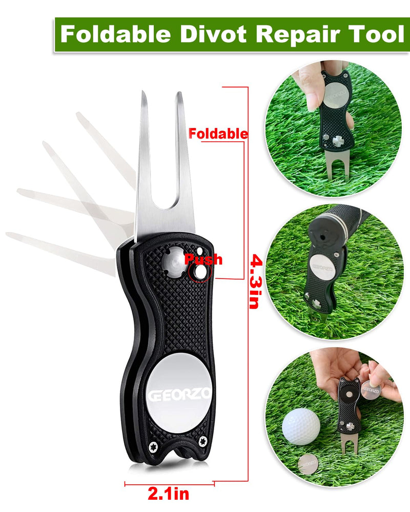 Geeorzo Golf Accessories, Retractable Golf Club Brush, Foldable Golf Divot Repair Tool, Microfiber Golf Towel, Golf Ball Line Marker Tool and Ball Markers (Set1-Black) - Golf Gift