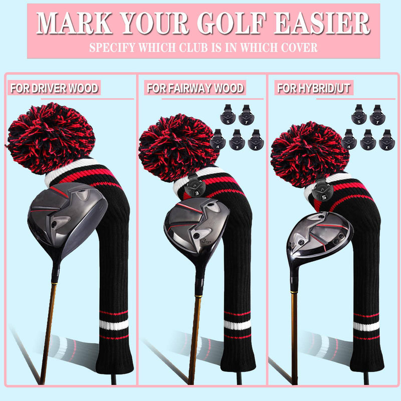 Golf Head Covers Woods Driver Fairway Hybrid 3 Pcs,Golf Headcover Pom Knitted Number 1 3 5 for Men Women Kids Anti-Wrinkle Washable Soft Portable Color Blue Red (Black/Red) - Golf Gift