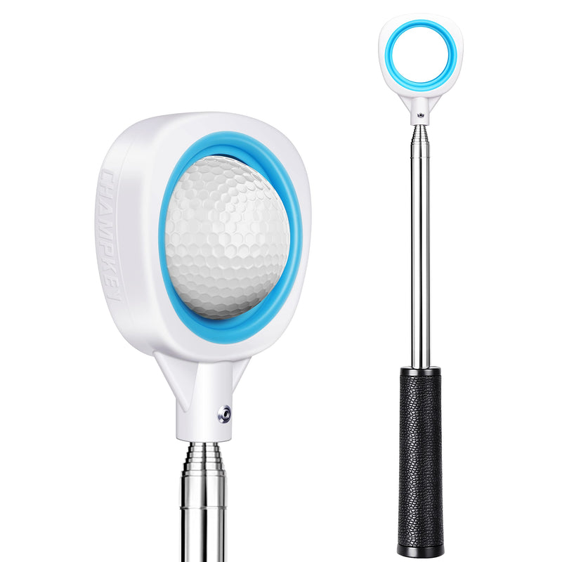 CHAMPKEY LITE1.0 Golf Ball Retriever | Soft Hand Grip with Telescopic Stainless Steel Shaft Retrievers Ideal for Golfer (White&Blue, 9 feet) - Golf Gift