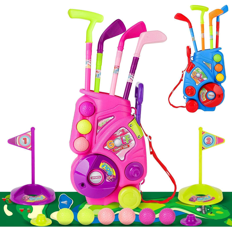 deAO Golf Set for Kids, Kids Golf Suitcase Toy Set, Outdoor Indoor Sports Toys, Golf Clubs Set Garden Game for Boys Girls Toddlers 3 4 5 6 7 8 9 10 Years Old (Pink) - Golf Gift