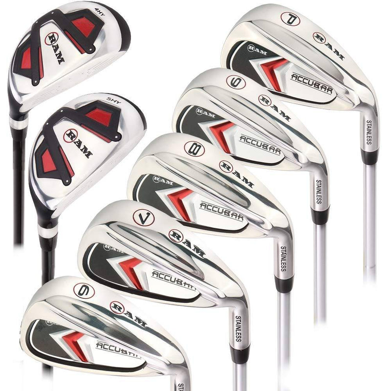 Ram Golf Accubar Mens Clubs All Graphite Iron Set 6-7-8-9-PW with Hybrids 24° and 27° - Stiff Flex - Golf Gift