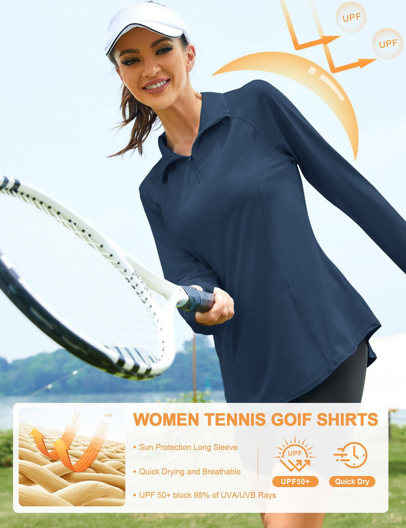 IECCP Ladies Golf Tops Polo Shirts for Women UK UPF 50+ Sun Protection Lightweight Gym Sports Tshirts Long Sleeve 1/4 Zip Up Workout Sports Tshirts Navy Blue M - Golf Gift