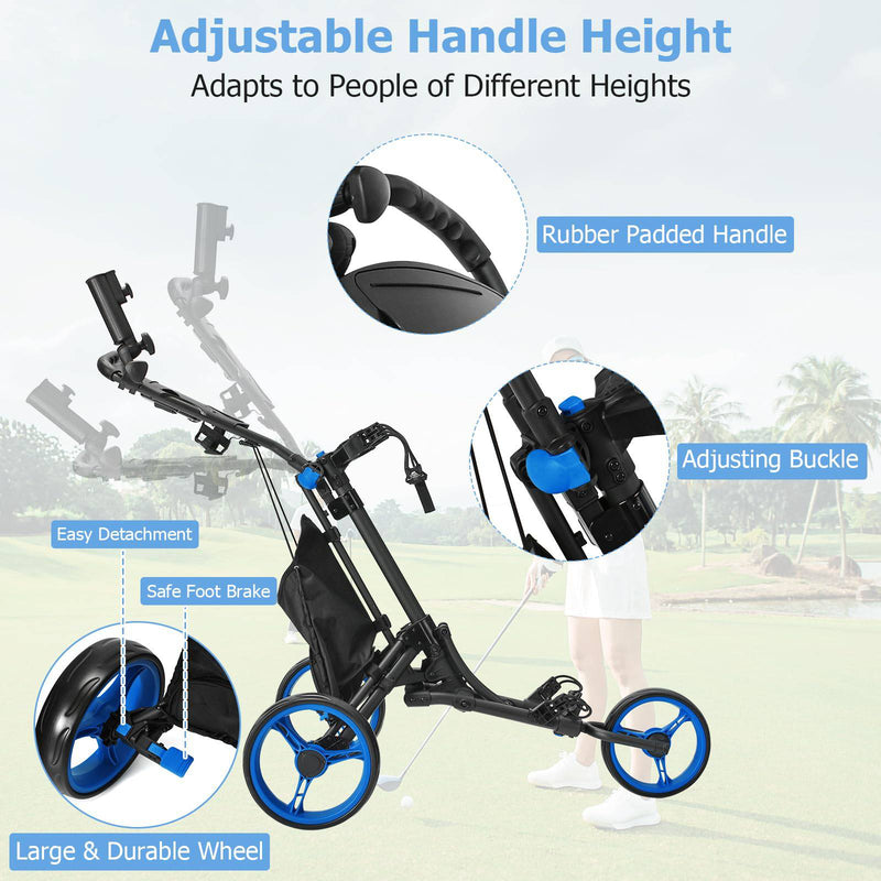 COSTWAY 3 Wheel Golf Push Pull Cart, Lightweight Foldable Golf Trolley with Adjustable Height Handle, Umbrella Stand, Insulation Storage Bag, Cup Holder and Foot Brake (Blue) - Golf Gift