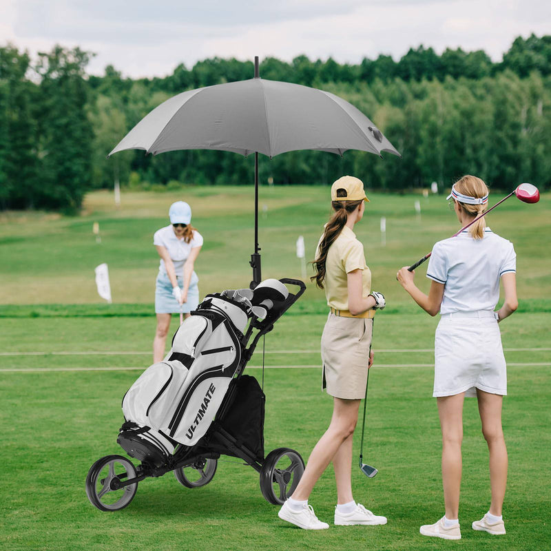 COSTWAY 3 Wheel Golf Push Pull Cart, Lightweight Foldable Golf Trolley with Adjustable Height Handle, Umbrella Stand, Insulation Storage Bag, Cup Holder and Foot Brake (Gray) - Golf Gift