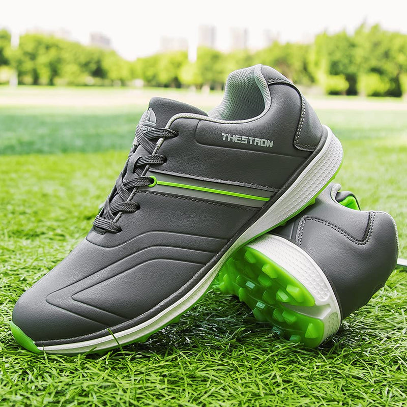 Mens Waterproof Golf Shoes Microfibre Spikeless Golf Trainer Shoes Comfort Grip Grey/Green 283 - Golf Gift