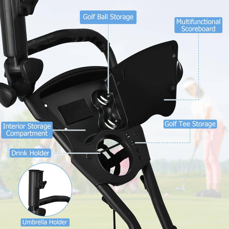 COSTWAY 3 Wheel Golf Push Pull Cart, Lightweight Foldable Golf Trolley with Adjustable Height Handle, Umbrella Stand, Insulation Storage Bag, Cup Holder and Foot Brake (Gray) - Golf Gift