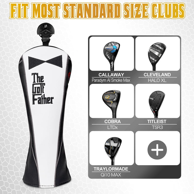 Golf Club Head covers Hybrid Utility Rescue with Interchangeable Number Tag 23456 UT Elastic Closure Black PU Leather The Golf Father Gift - Golf Gift