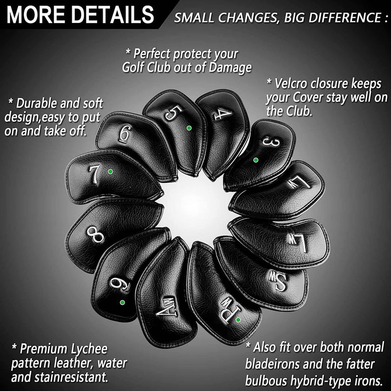 Golf Iron Head Covers Numbers Synthetic Leather Headcover Deluxe Value 12 Pcs Set, Golf Iron Headcovers Protector for Club Mens Protable Fit All Brands (Black) - Golf Gift