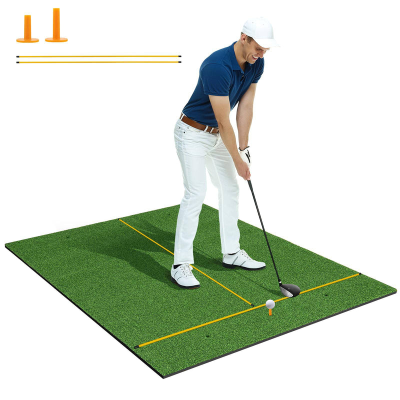 COSTWAY Golf Hitting Mat, 5 x 4 FT Artificial Turf Mat with 2 Rubber Tees and 2 Alignment Sticks, Golf Training Mat for Home Backyard Garage(22mm thick) - Golf Gift