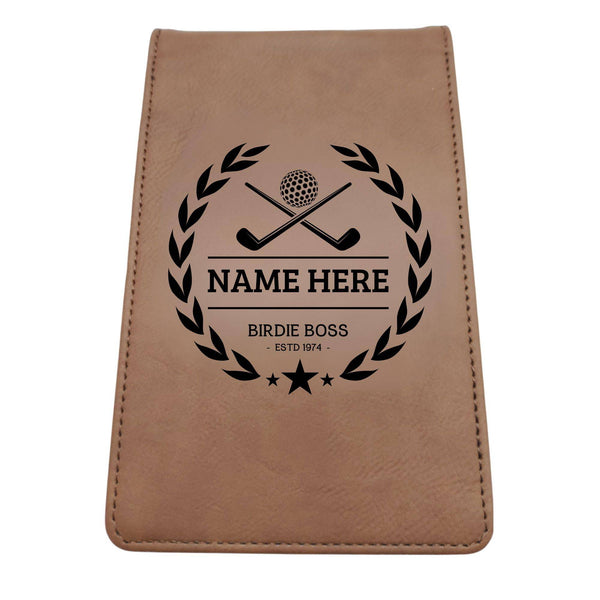 Golf Guy Gifts Golf Scorecard Holder (10 Fun Options) Add Golfers Name & Year! | Grey or Brown Leather | Perfect Golf Gift | Fathers Day, Birthday Present (BIRDIE BOSS, Brown) - Golf Gift