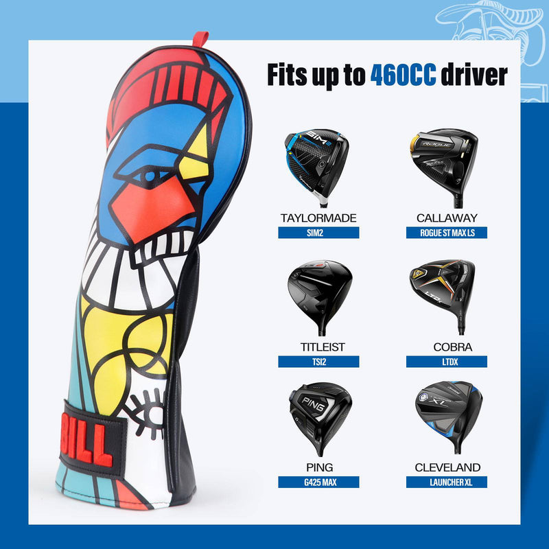 LZFAN Golf Club Covers Funny Golf Head Covers, Golf Club Head Covers Driver Fairway Wood Hybrid Mallet Blade Putter Golf Club Headcover Protector Embroidered Leather (Bill for Driver) - Golf Gift