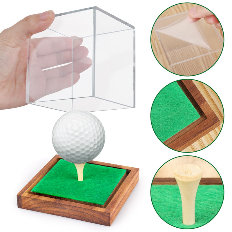 Hooqict Golf Ball Display Case Clear Acrylic Golf Ball Memorabilia Display Case with Wood Base and Grass Pad Ball Holder Stand Display Cube Single Golf Collection Box - Golf Gift