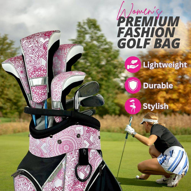 Womens Golf Bag - Taboo Fashions Lightweight Ladies Cart Bag, 14-Way, 7 Zippered Pockets, Rain Hood, Insulated Beverage Compartment (Pink Mandala) - Golf Gift