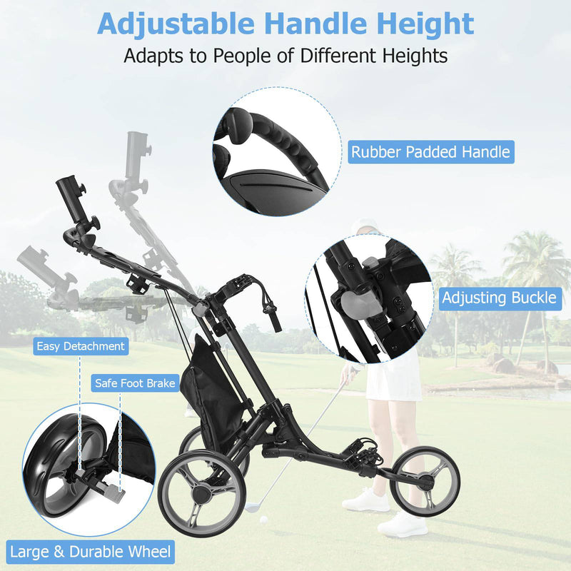 COSTWAY 3 Wheel Golf Push Pull Cart, Lightweight Foldable Golf Trolley with Adjustable Height Handle, Umbrella Stand, Insulation Storage Bag, Cup Holder and Foot Brake (Gray) - Golf Gift