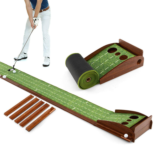 COSTWAY Premium Putting Green, 9FT/10FT Professional Golf Practice Turf with Auto Ball Return Track and 3 Golf Balls, Indoor Outdoor Portable Golf Accessories Putting Mat (307 x 37cm, 3 Holes) - Golf Gift