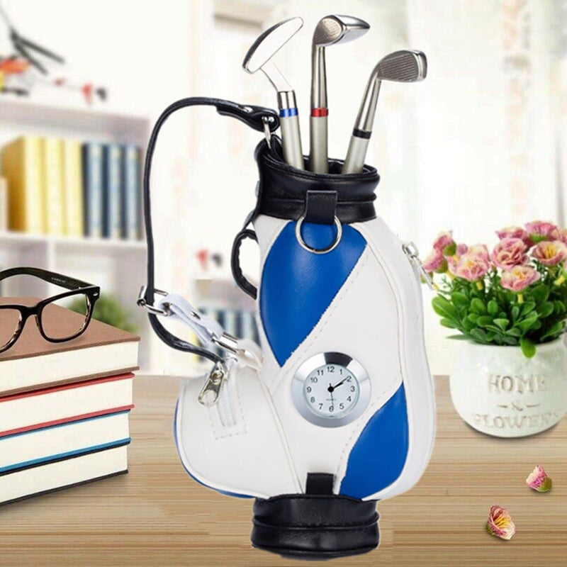 Golf Gift Set Bag Pens Holder Novelty Gifts with 3 Pcs Aluminum Ballpoint Pen, Office Desk Pencil Carrier Holder for Men Women Fathers Day Golf Souvenirs Unique Gifts for Golfer Fans Color Blue White - Golf Gift