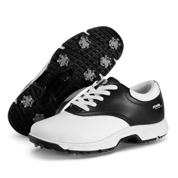 FitVille Mens Golf Shoes Extra Wide Fit with Spikes Professional Spiked Golf Shoes for Men V1 White/Black 9.5 UK Medium - Golf Gift