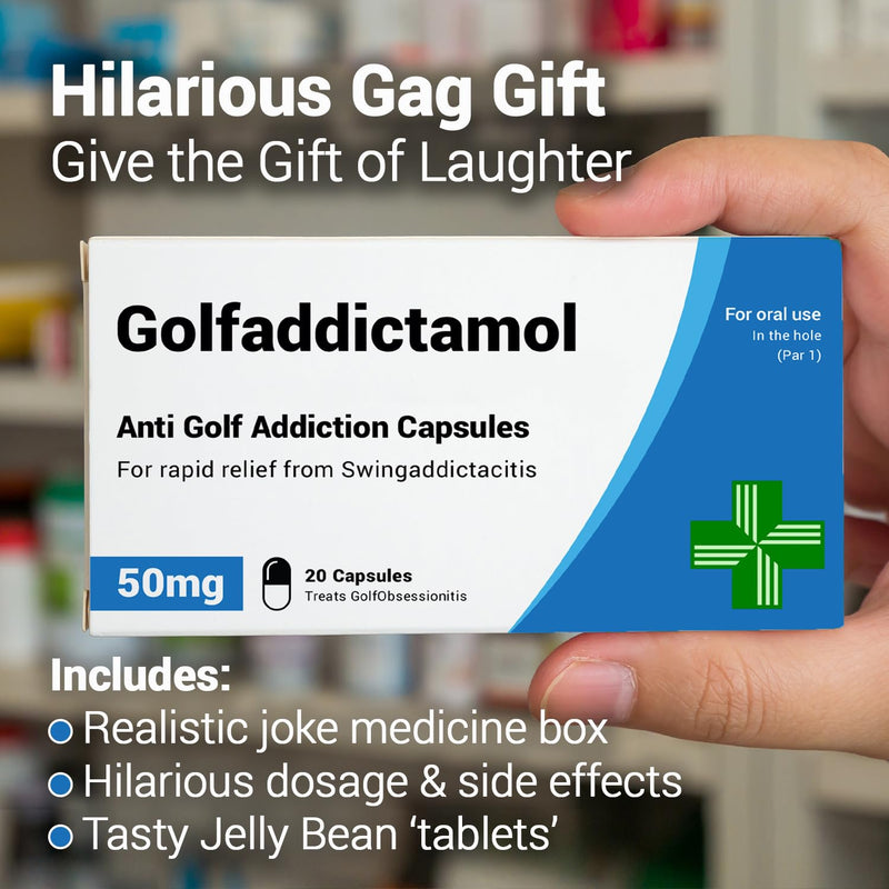 GolfAddictamol - Funny Golf Gifts for Men. Joke Prank Pill Box, Jelly Bean Sweets 50g. Gifts for Men, Dad Gifts, Golf Gifts, Golf Gifts for Men - Golf Gift