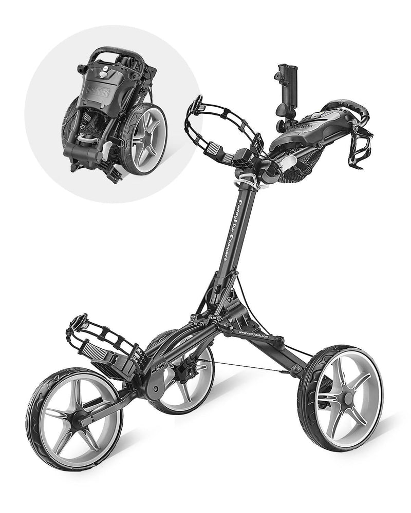 CaddyTek Caddylite Compact 3 Wheel Golf Push Cart | One Click Folding Design, Smallest Folded Footprint, 32" Wide Wheelbase with Convenient Handbrake - Golf Gift