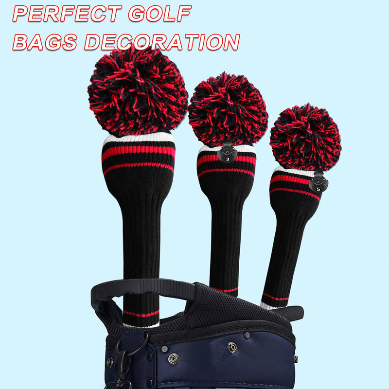 Golf Head Covers Woods Driver Fairway Hybrid 3 Pcs,Golf Headcover Pom Knitted Number 1 3 5 for Men Women Kids Anti-Wrinkle Washable Soft Portable Color Blue Red (Black/Red) - Golf Gift