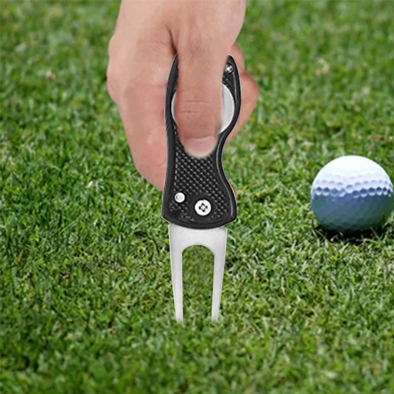 Stainless Steel Golf Divot Repair Tool 1Pcs Foldable Golf Divot Tool with Pop-up Button and Magnetic Ball Marker, Green Tool Accessories with Fork Tine Golf Pitch Mark Repair Tool - Golf Gift