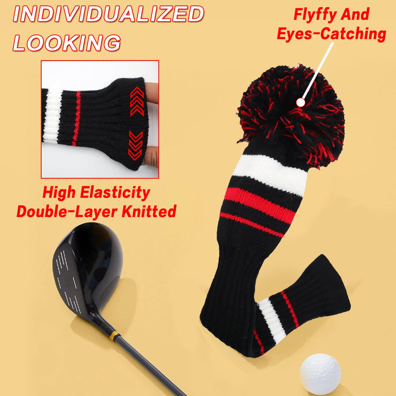 Golf Head Covers Woods Driver Fairway Hybrid 3 Pcs,Golf Headcover Pom Knitted Number 1 3 5 for Men Women Kids Anti-Wrinkle Washable Soft Portable Color Blue Red (Black/Red) - Golf Gift