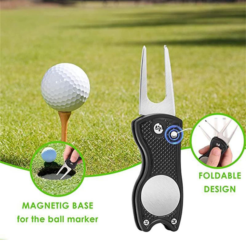 Stainless Steel Golf Divot Repair Tool 1Pcs Foldable Golf Divot Tool with Pop-up Button and Magnetic Ball Marker, Green Tool Accessories with Fork Tine Golf Pitch Mark Repair Tool - Golf Gift