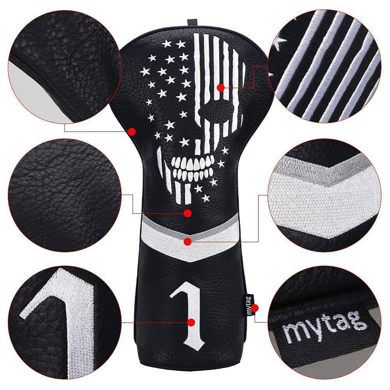 caiobob mytag Golf Skull Skeleton Head Cover Golf Club Black Leather Headcovers Set Fits Driver Fairway Wood Hybrid (1pc Driver Cover) - Golf Gift